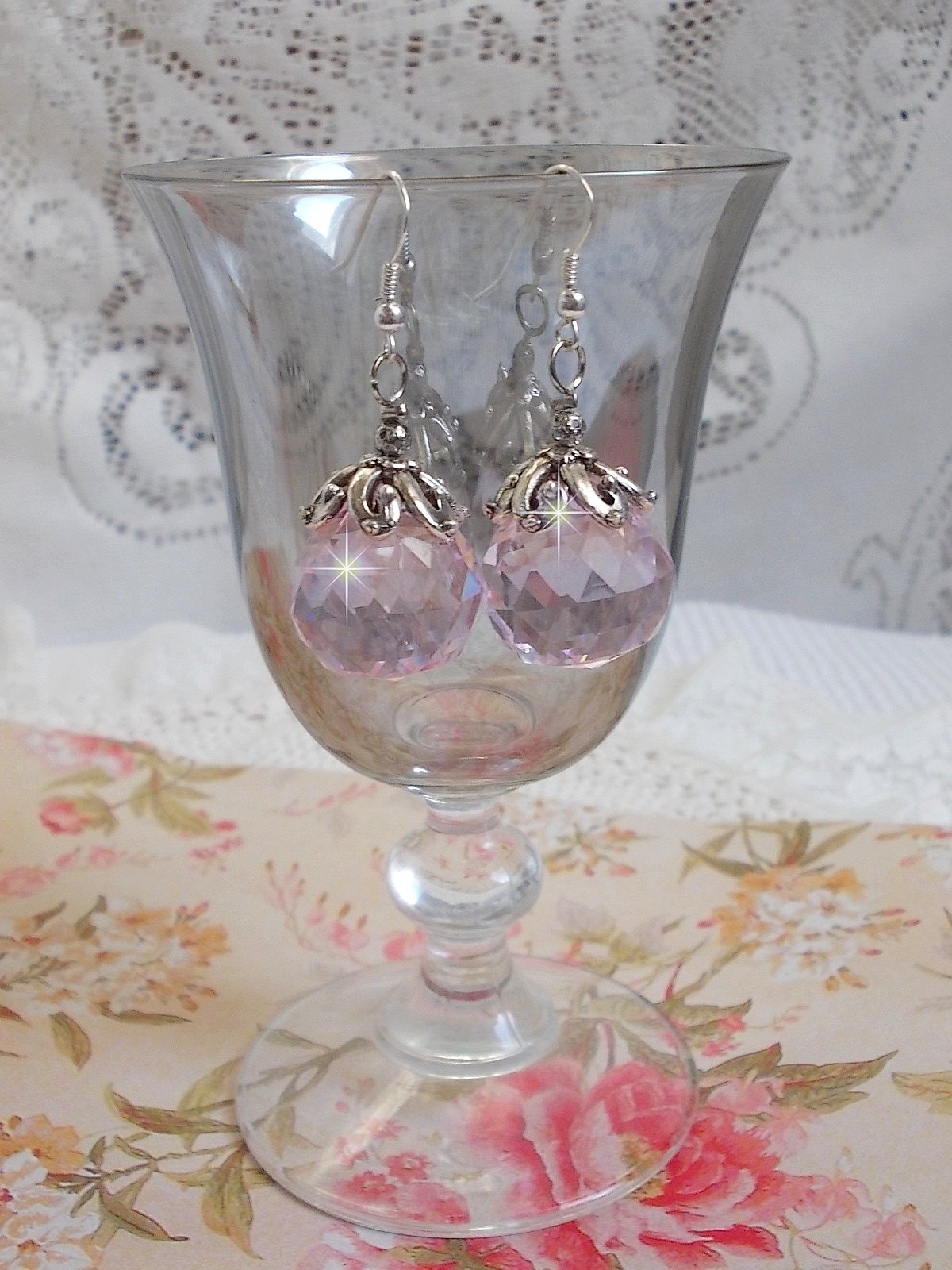 Pink Iridescent BO with Swarovski crystal balls and 925/1000 silver ear hooks