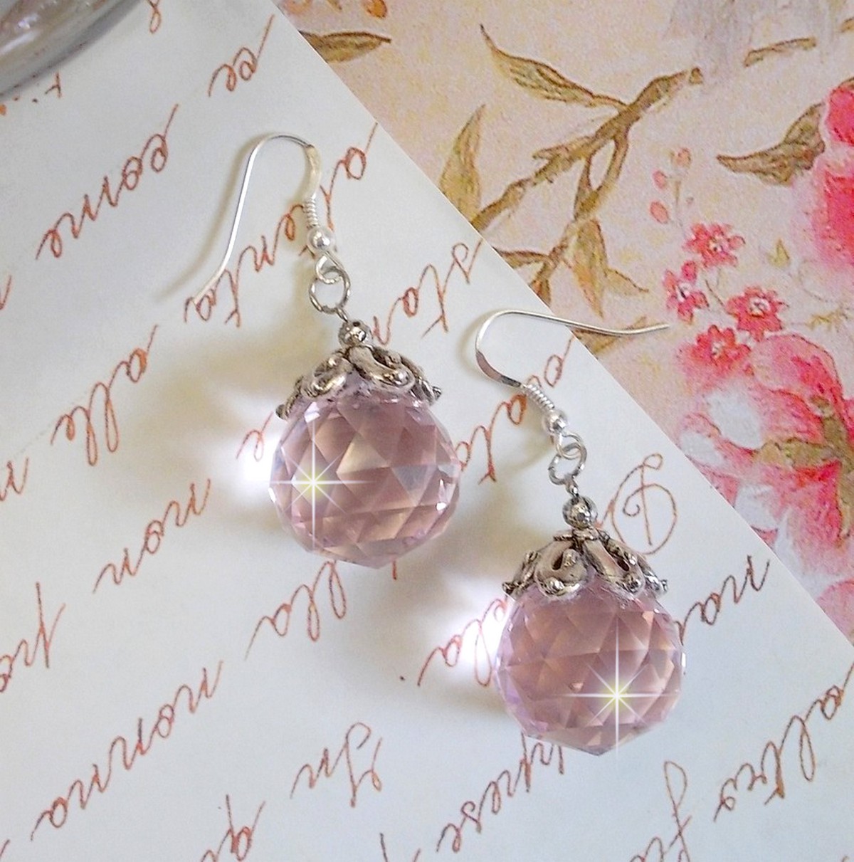 Pink Iridescent BO with Swarovski crystal balls and 925/1000 silver ear hooks