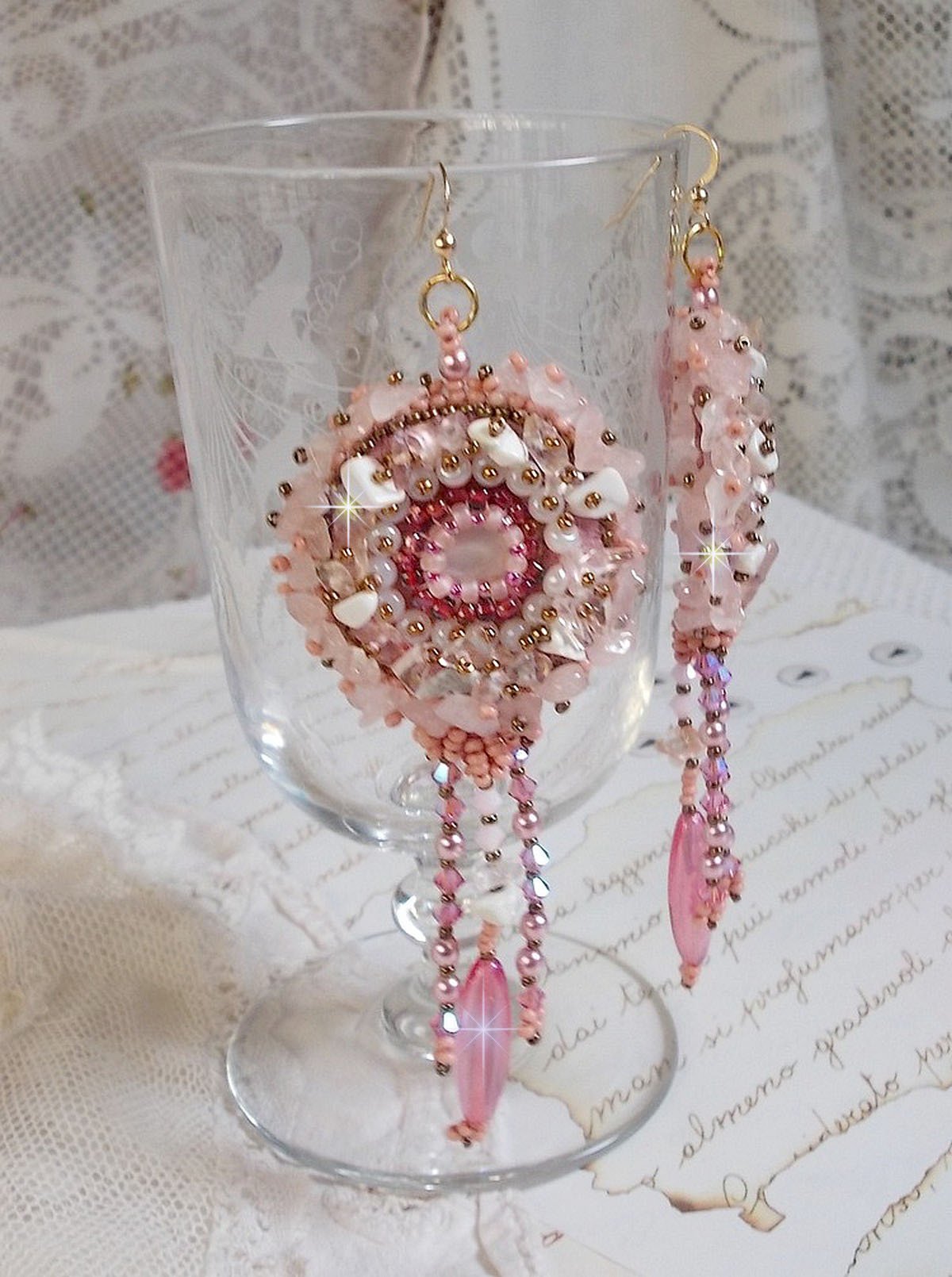 BO Rose Royale embroidered with mother-of-pearl cabochons, chips in (Quartz and white Howlite), Swarovski Crystals, Roses rockets, seed beads and hooks in Gold Filled 14 carats