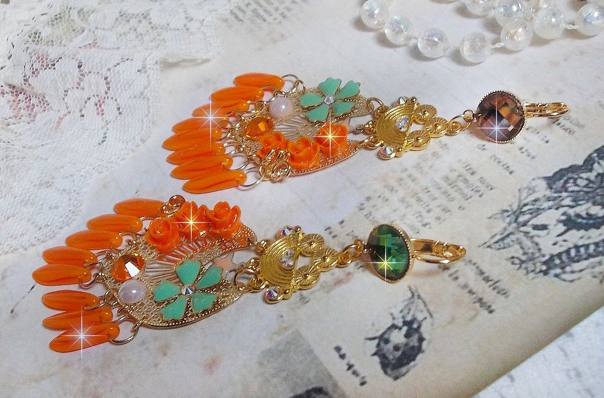 BO Rose Garden Orange Roses created with rhinestones and Swarovski crystal cabochons, flowers, orange daggers, glass cabochons and quality accessories