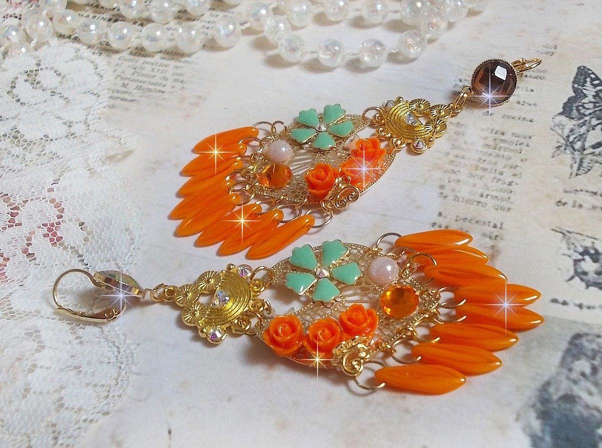 BO Rose Garden Orange Roses created with rhinestones and Swarovski crystal cabochons, flowers, orange daggers, glass cabochons and quality accessories