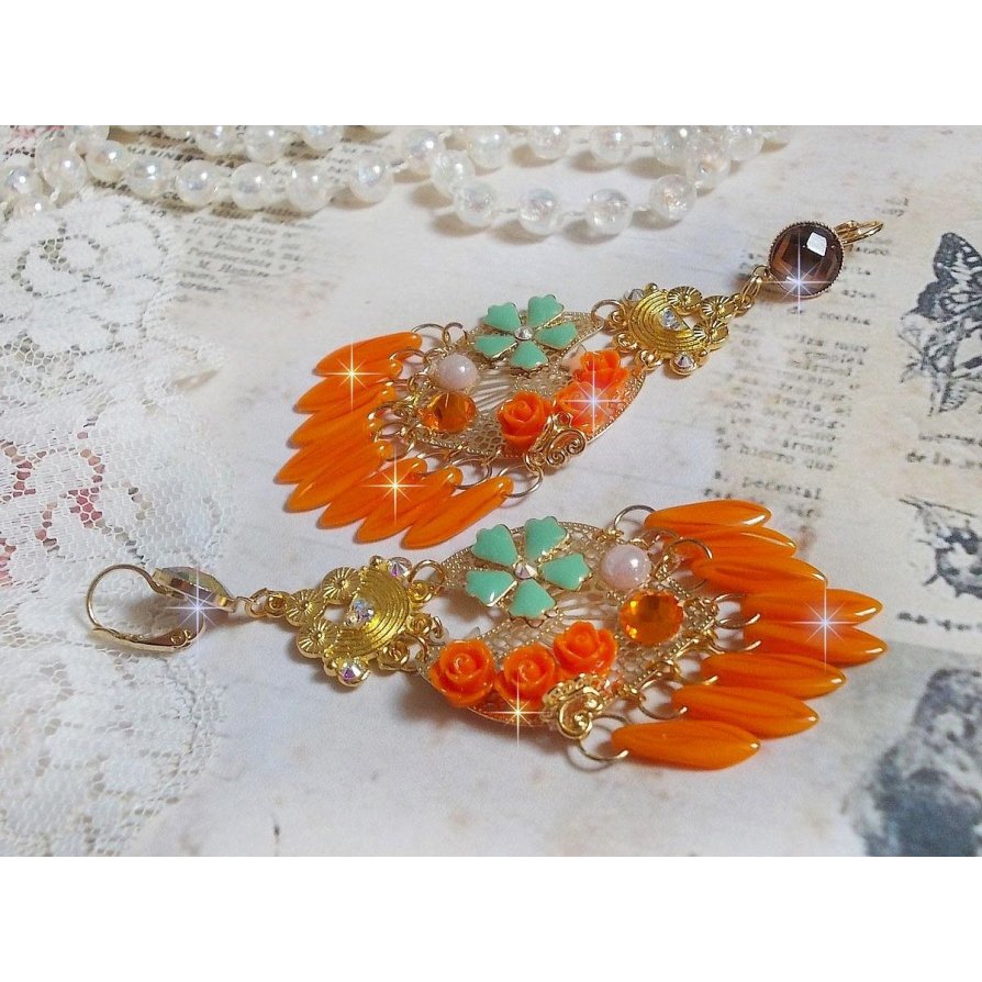 BO Rose Garden Orange Roses created with rhinestones and Swarovski crystal cabochons, flowers, orange daggers, glass cabochons and quality accessories