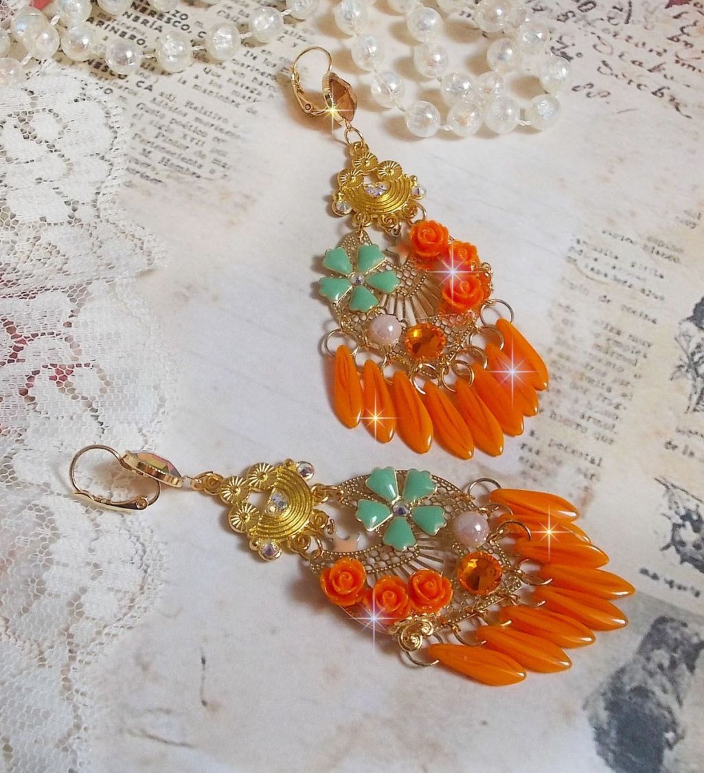 BO Rose Garden Orange Roses created with rhinestones and Swarovski crystal cabochons, flowers, orange daggers, glass cabochons and quality accessories