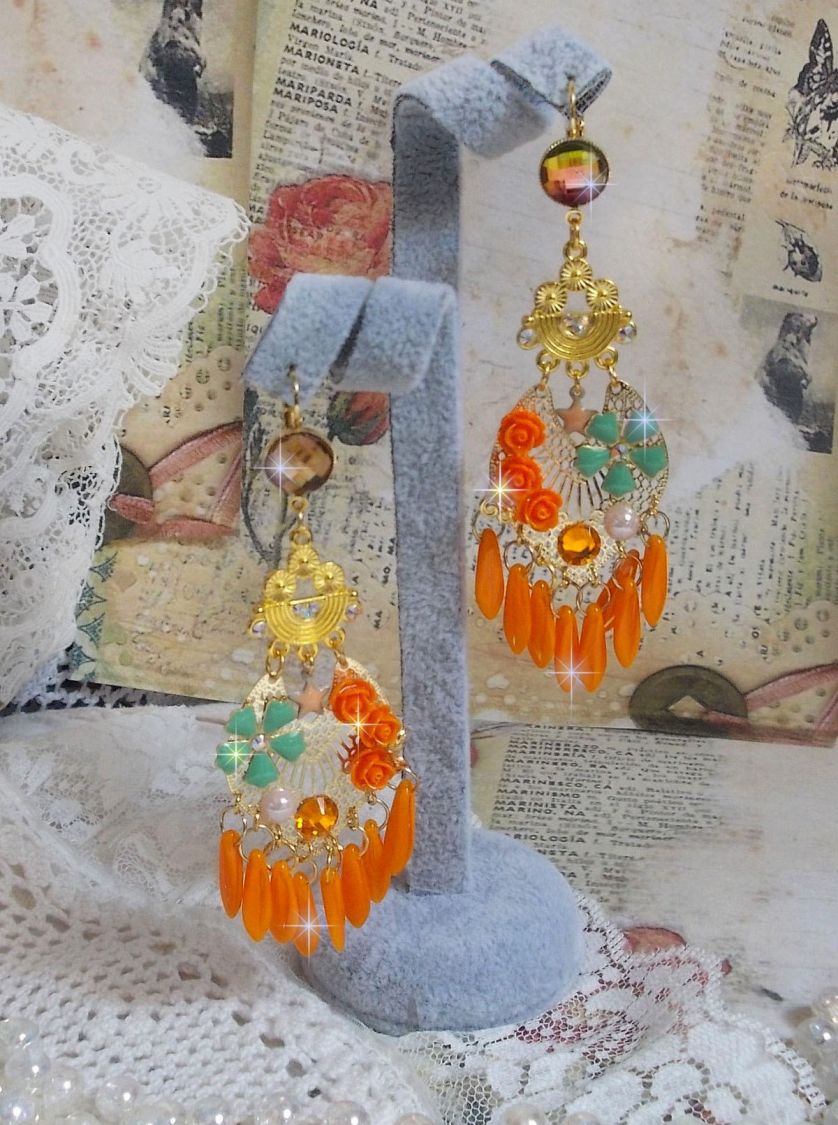 BO Rose Garden Orange Roses created with rhinestones and Swarovski crystal cabochons, flowers, orange daggers, glass cabochons and quality accessories