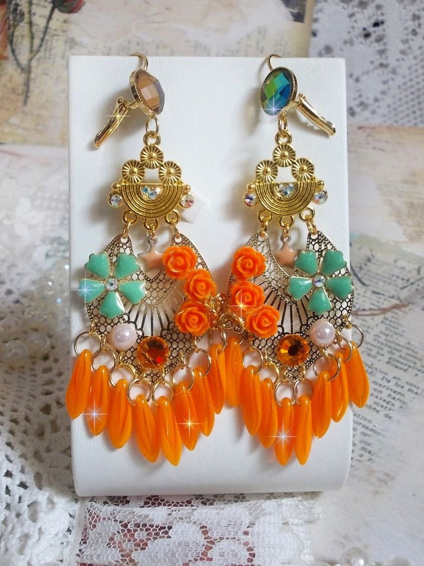 BO Rose Garden Orange Roses created with rhinestones and Swarovski crystal cabochons, flowers, orange daggers, glass cabochons and quality accessories