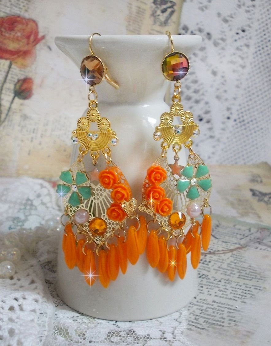 BO Rose Garden Orange Roses created with rhinestones and Swarovski crystal cabochons, flowers, orange daggers, glass cabochons and quality accessories