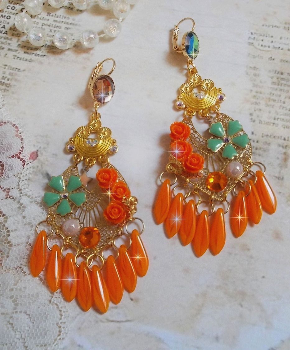 BO Rose Garden Orange Roses created with rhinestones and Swarovski crystal cabochons, flowers, orange daggers, glass cabochons and quality accessories