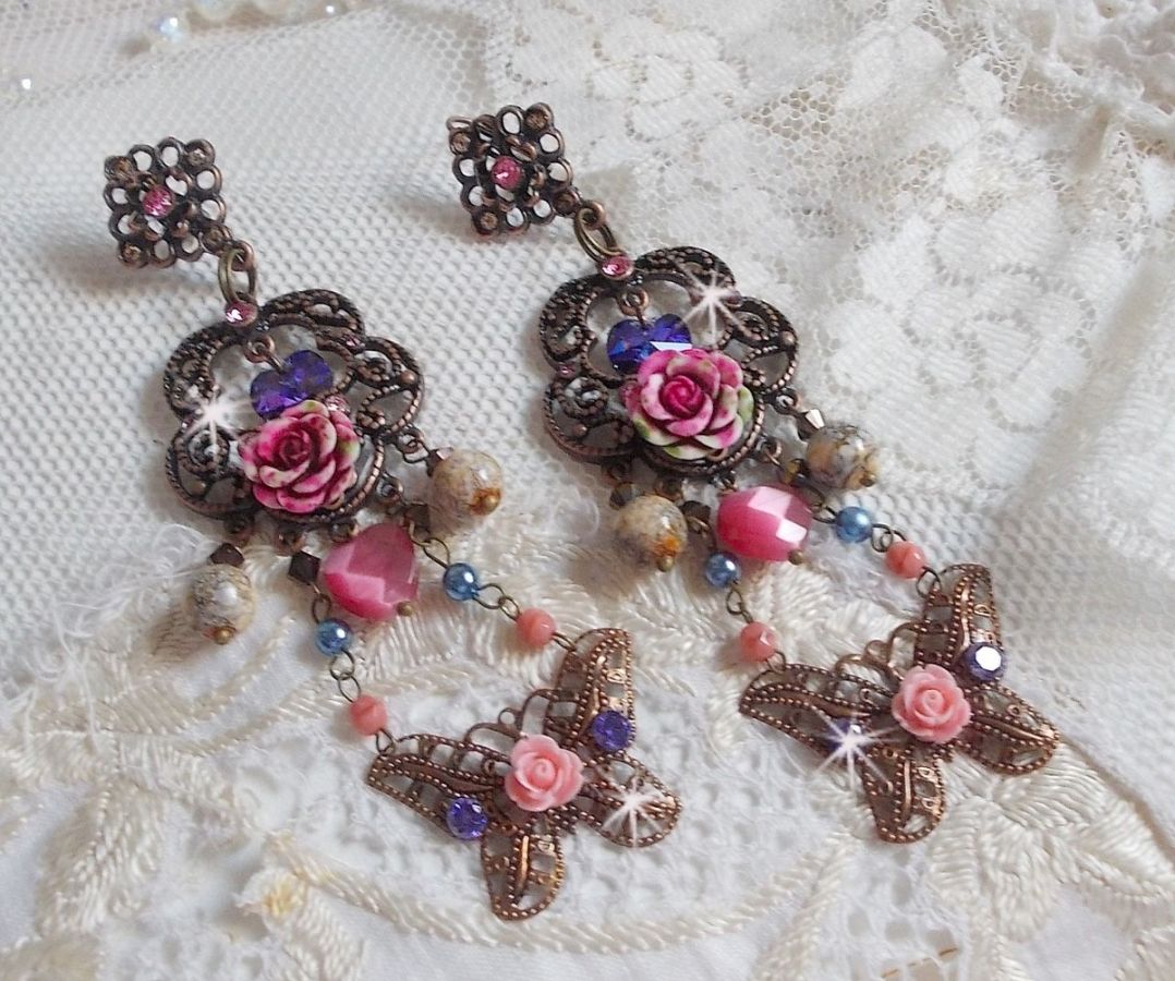 BO Roses and Butterfly all in softness with these prints flowers and butterflies, glass beads cat eye and faceted pink marble