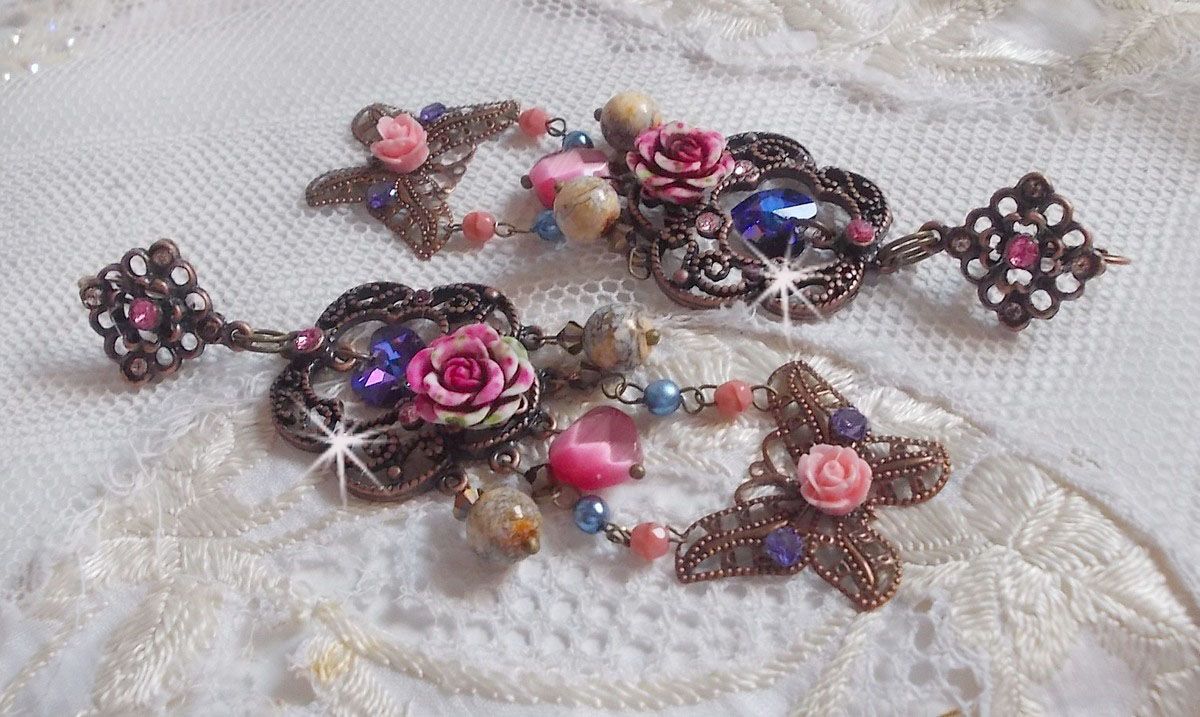 BO Roses and Butterfly all in softness with these prints flowers and butterflies, glass beads cat eye and faceted pink marble