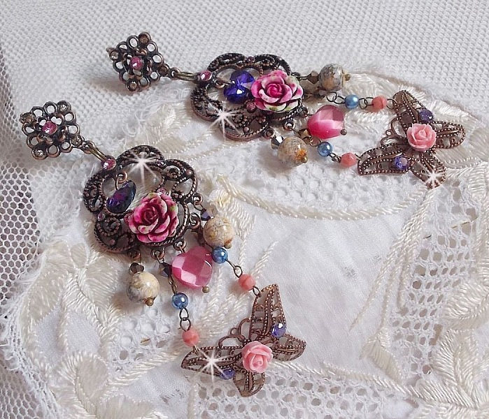 BO Roses and Butterfly all in softness with these prints flowers and butterflies, glass beads cat eye and faceted pink marble
