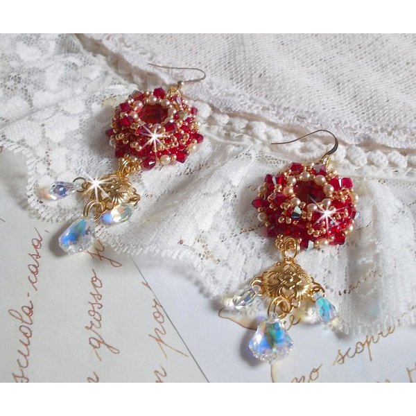 BO Ruby embroidered with Sawarovski crystals, pearly beads, filigree stamps and 14 karat Gold Filled ear hooks