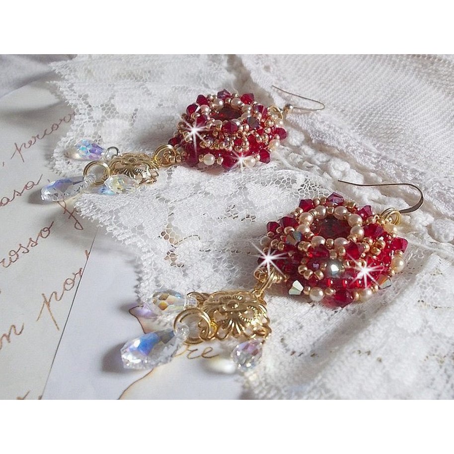 BO Ruby embroidered with Sawarovski crystals, pearly beads, filigree stamps and 14 karat Gold Filled ear hooks