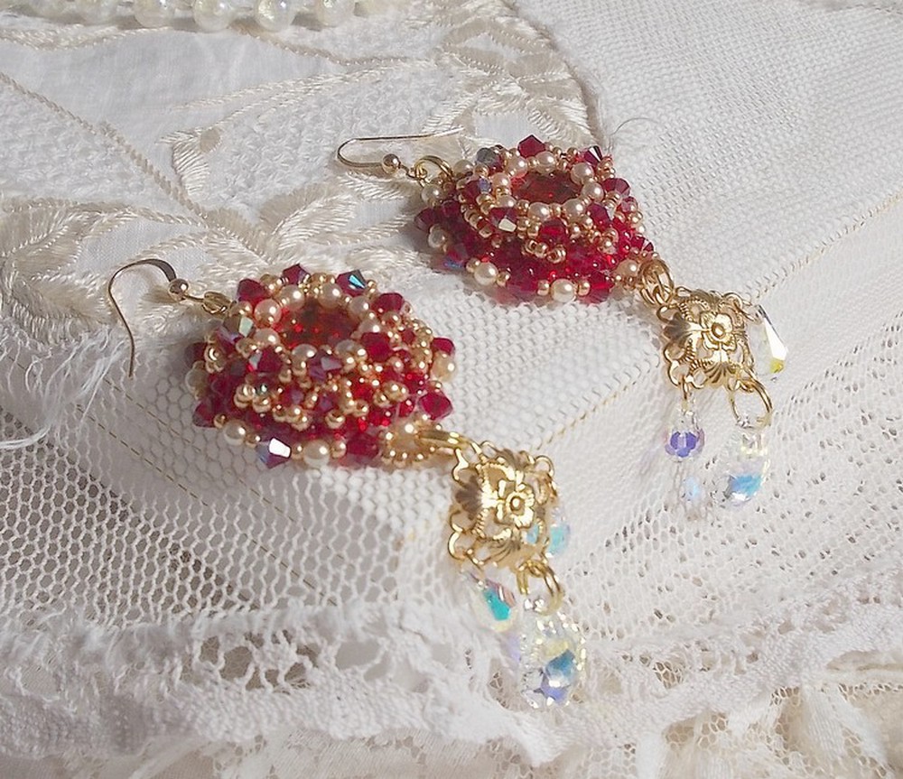 BO Ruby embroidered with Sawarovski crystals, pearly beads, filigree stamps and 14 karat Gold Filled ear hooks