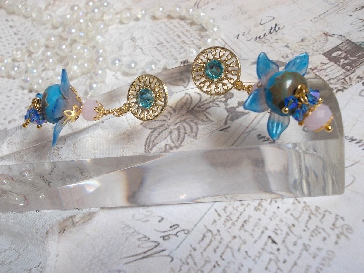 BO Saphir Scintillant montées avec perles potirons verre de bohème, fleurs Frosted et Cristaux Swarovski