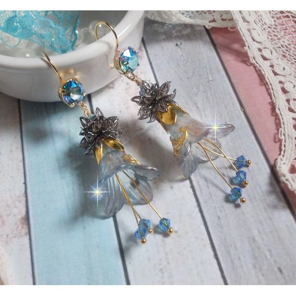 BO Sensations Gold and Blue created with hand painted trumpet flowers, crystals, glass flowers and gold plated accessories