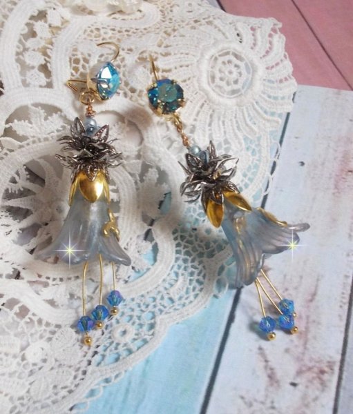 BO Sensations Gold and Blue created with hand painted trumpet flowers, crystals, glass flowers and gold plated accessories