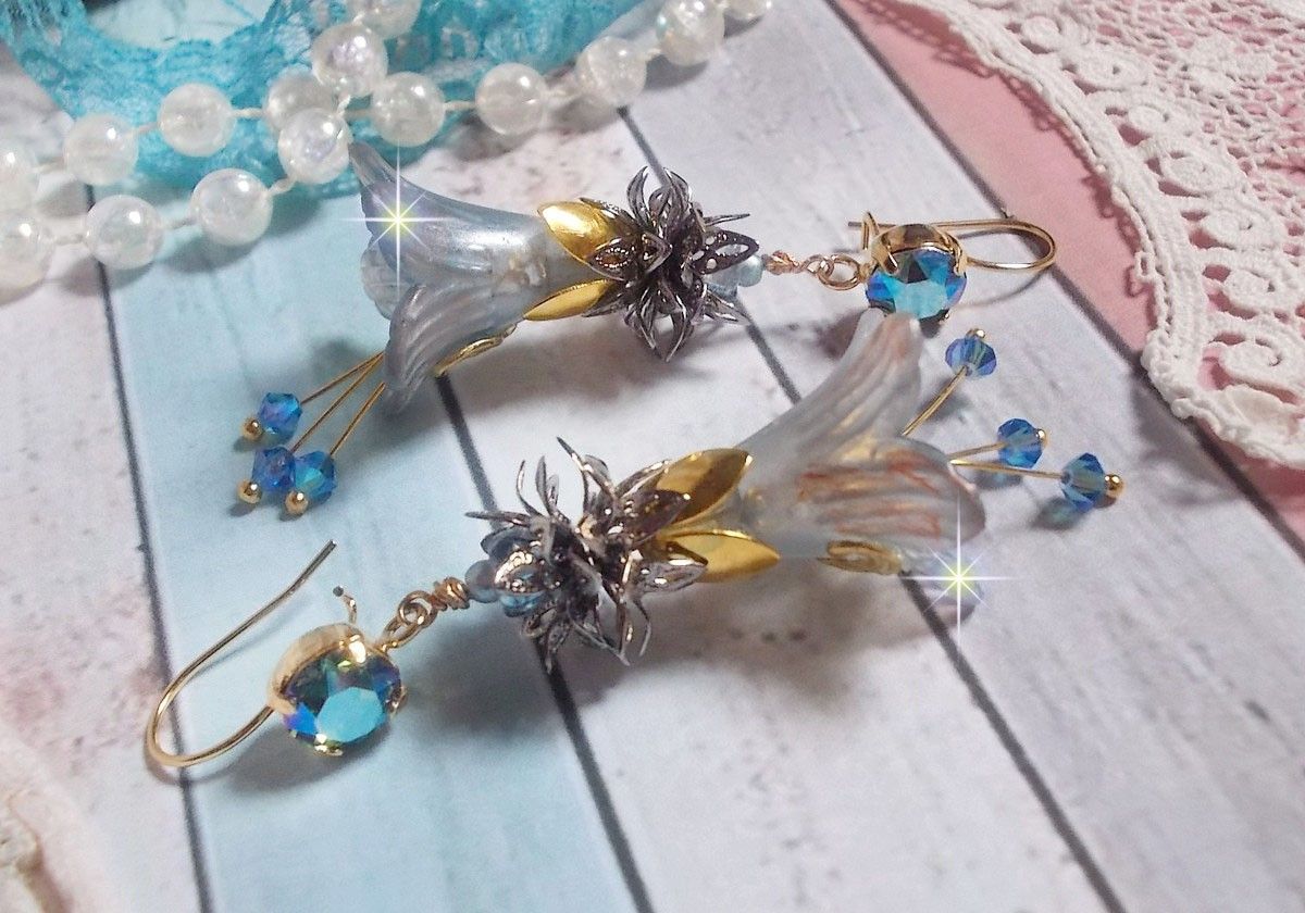 BO Sensations Gold and Blue created with hand painted trumpet flowers, crystals, glass flowers and gold plated accessories