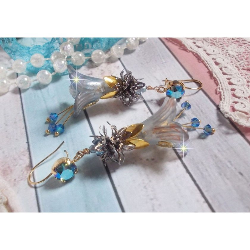 BO Sensations Gold and Blue created with hand painted trumpet flowers, crystals, glass flowers and gold plated accessories