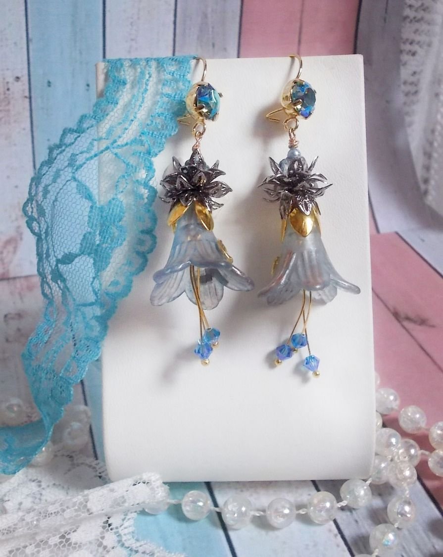 BO Sensations Gold and Blue created with hand painted trumpet flowers, crystals, glass flowers and gold plated accessories