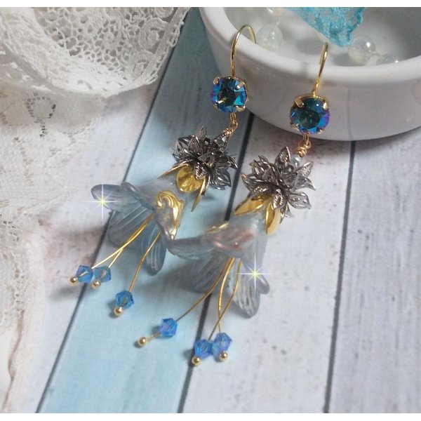BO Sensations Gold and Blue created with hand painted trumpet flowers, crystals, glass flowers and gold plated accessories