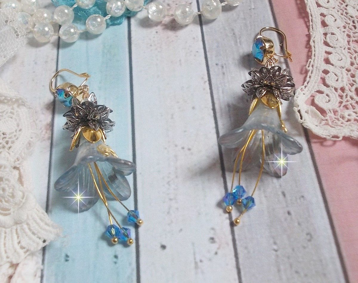 BO Sensations Gold and Blue created with hand painted trumpet flowers, crystals, glass flowers and gold plated accessories