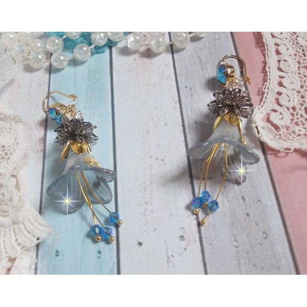 BO Sensations Gold and Blue created with hand painted trumpet flowers, crystals, glass flowers and gold plated accessories