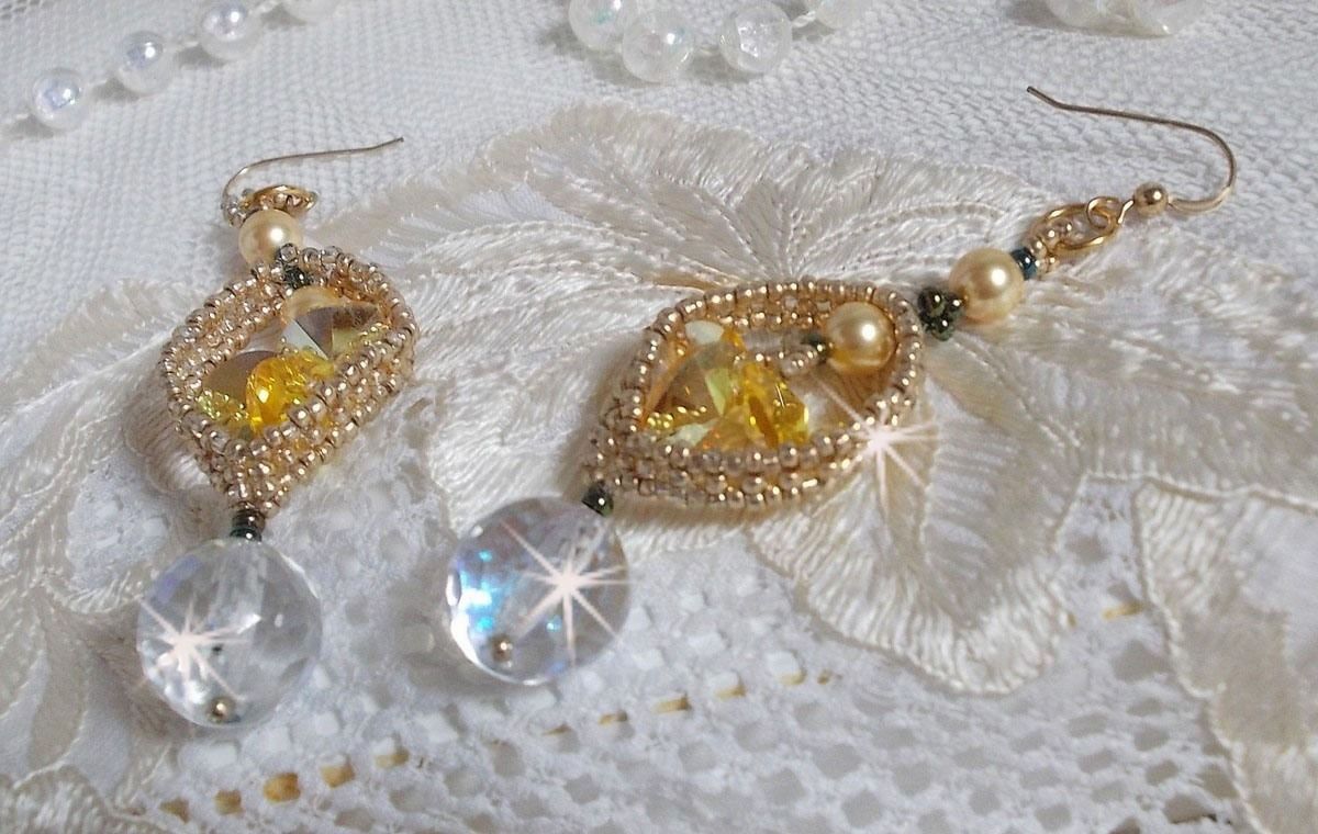 BO Bo'Soleil mounted with Swarovski crystal hearts, Gold pearl beads and 14K Gold Filled ear hooks