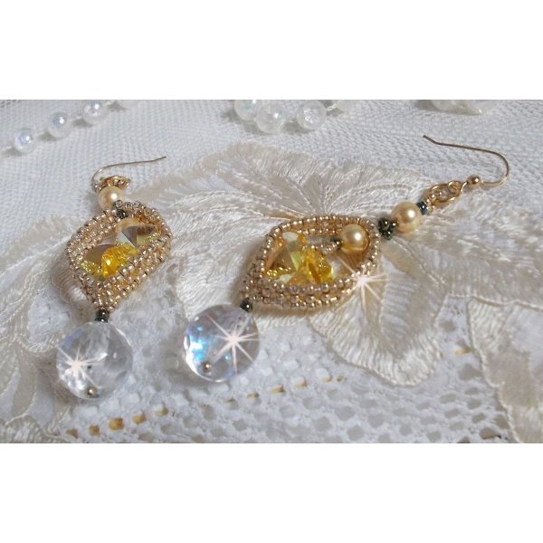 BO Bo'Soleil mounted with Swarovski crystal hearts, Gold pearl beads and 14K Gold Filled ear hooks