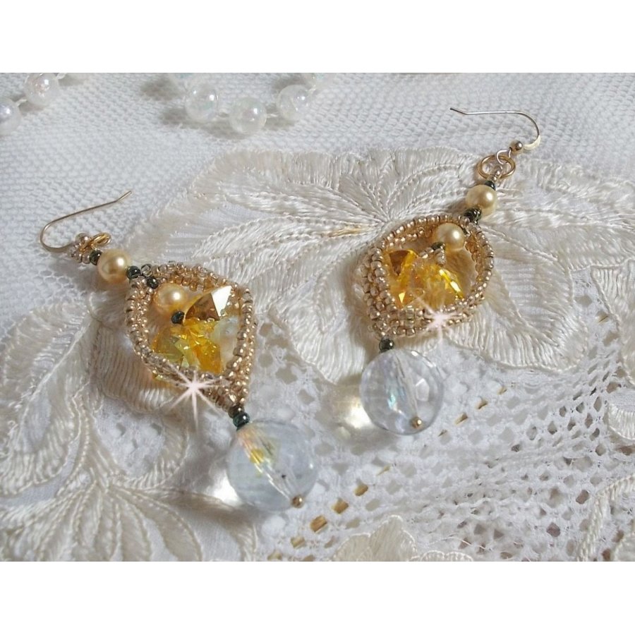 BO Bo'Soleil mounted with Swarovski crystal hearts, Gold pearl beads and 14K Gold Filled ear hooks