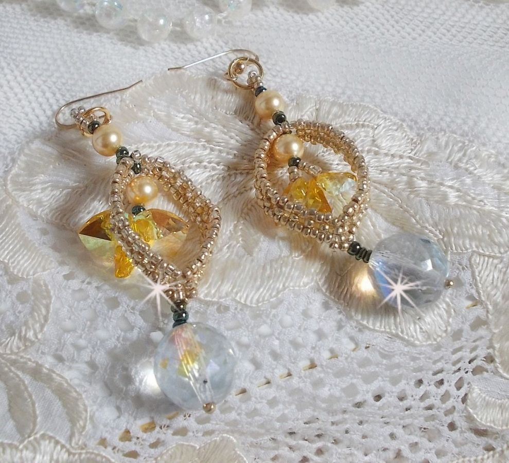 BO Bo'Soleil mounted with Swarovski crystal hearts, Gold pearl beads and 14K Gold Filled ear hooks