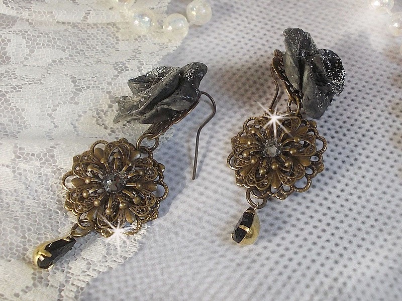 BO Steampunk Queen created with black porcelain roses, Swarovski crystal cabochons, glass drops and brass accessories