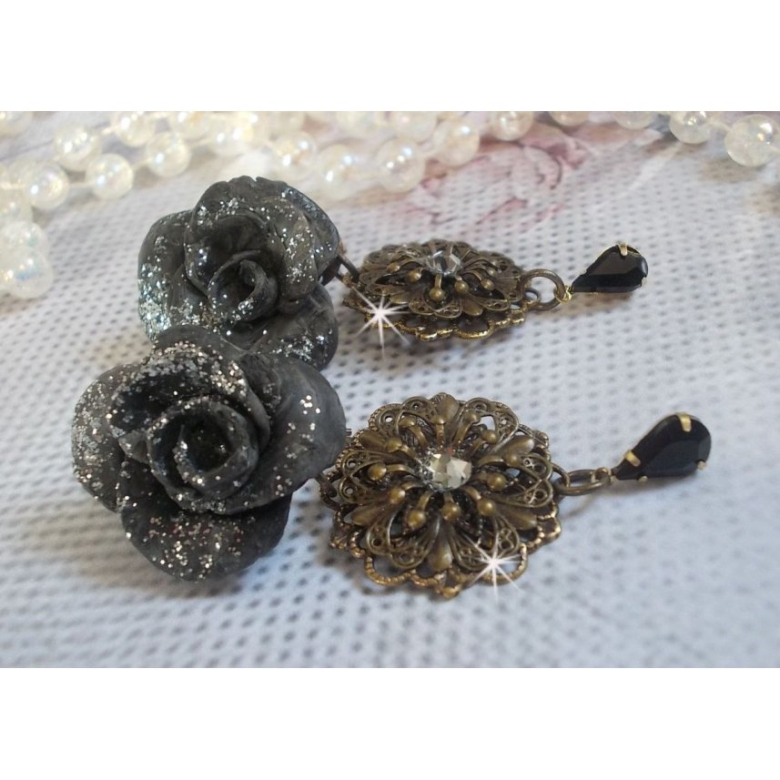 BO Steampunk Queen created with black porcelain roses, Swarovski crystal cabochons, glass drops and brass accessories