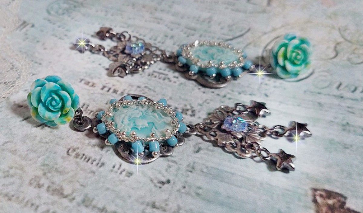 BO Temptations created with light turquoise cameos, crystals, beaded seed bead chain and quality accessories.  