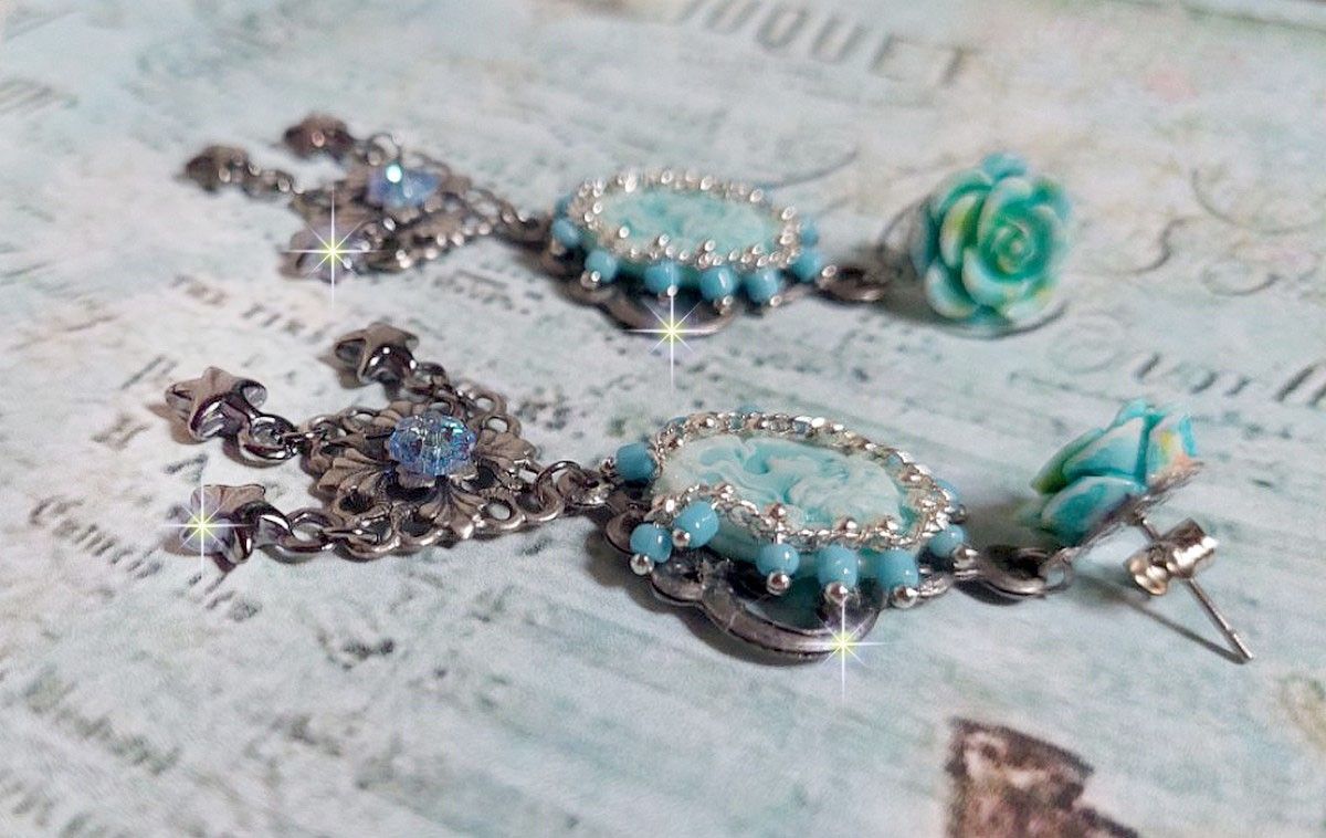 BO Temptations created with light turquoise cameos, crystals, beaded seed bead chain and quality accessories.  