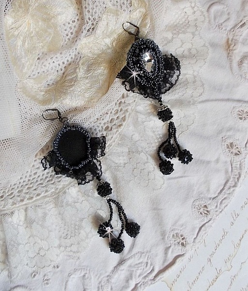 BO Evening wear embroidered with Swarovski crystals, a very old black lace, round beads woven with sequins and seed beads