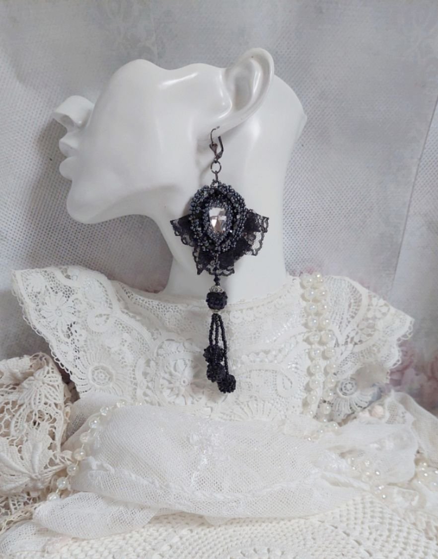 BO Evening wear embroidered with Swarovski crystals, a very old black lace, round beads woven with sequins and seed beads