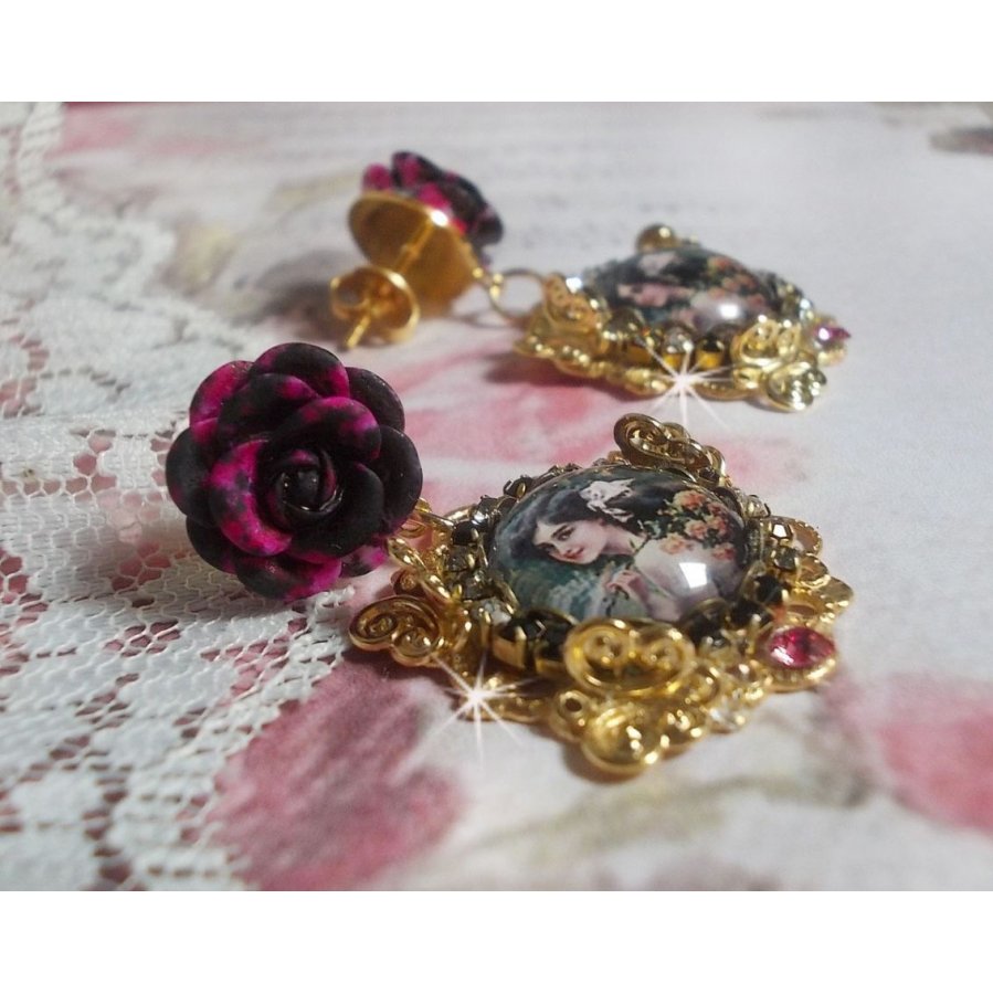 BO Weekend of Roses created with cabochons representing a woman with roses, resin beads and Swarovski crystals