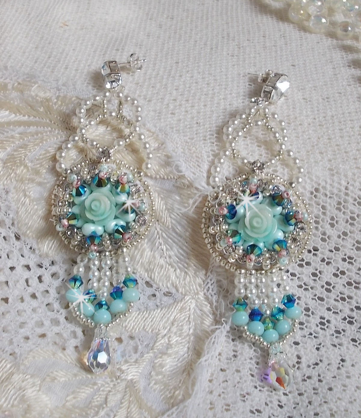 BO Blue Flowers Haute-Couture embroidered with Swarovski crystals, Mint colored resin cabochons, Miyuki seed beads and 925/1000 silver studs