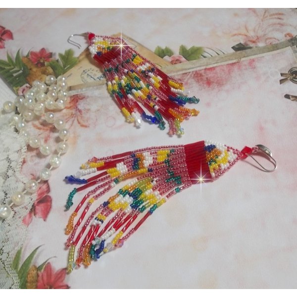 BO Soleil des Tropiques aux rocailles et tubes en Verre, toupies en cristal et crochets d'oreilles en argent 925/1000