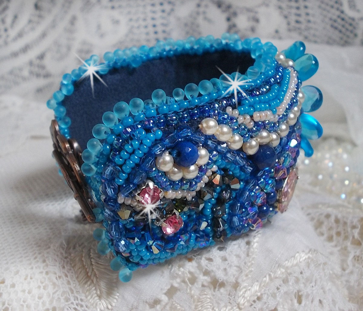 Belle Epoque cuff bracelet Haute-Couture embroidered with Swarovski crystals, resin cabochons and seed beads