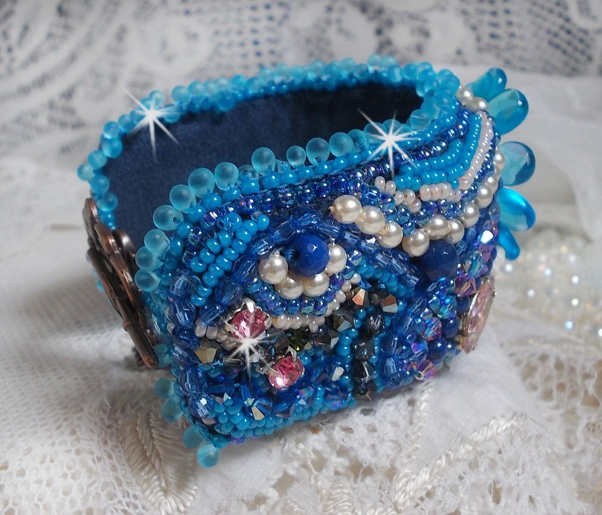 Belle Epoque cuff bracelet Haute-Couture embroidered with Swarovski crystals, resin cabochons and seed beads