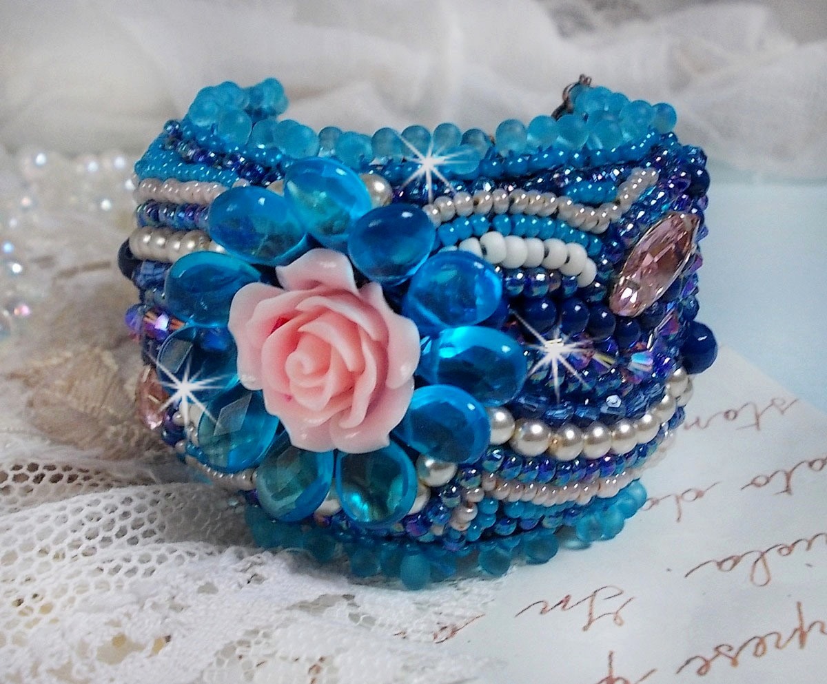 Belle Epoque cuff bracelet Haute-Couture embroidered with Swarovski crystals, resin cabochons and seed beads