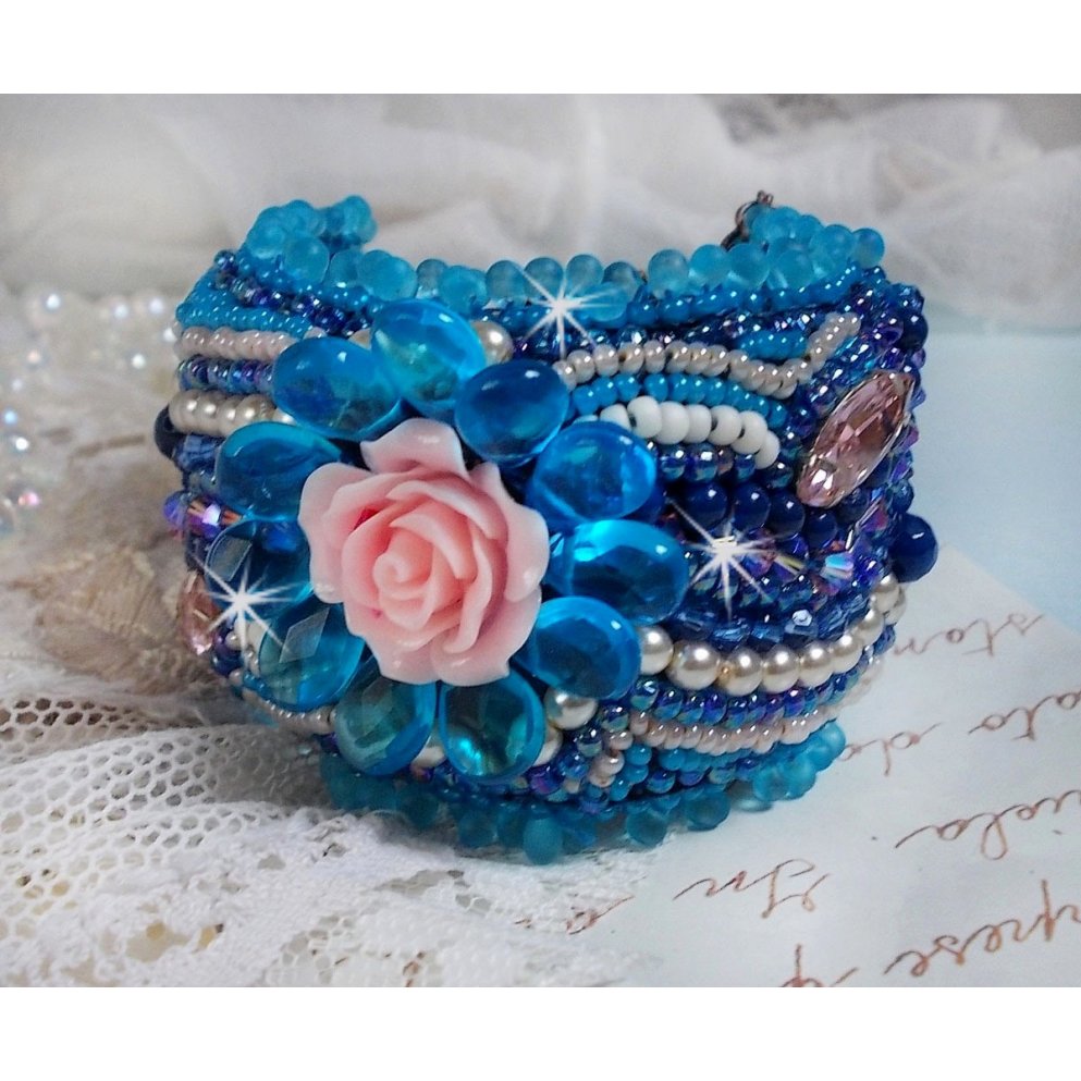 Belle Epoque cuff bracelet Haute-Couture embroidered with Swarovski crystals, resin cabochons and seed beads