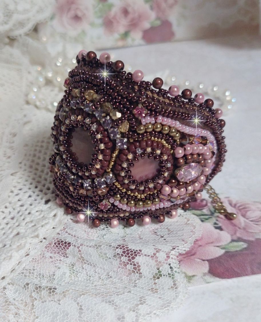 Romance bracelet cuff embroidered with vintage mahogany pearls and seed beads