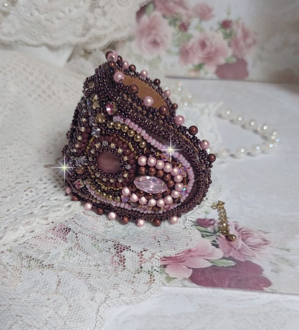 Romance bracelet cuff embroidered with vintage mahogany pearls and seed beads