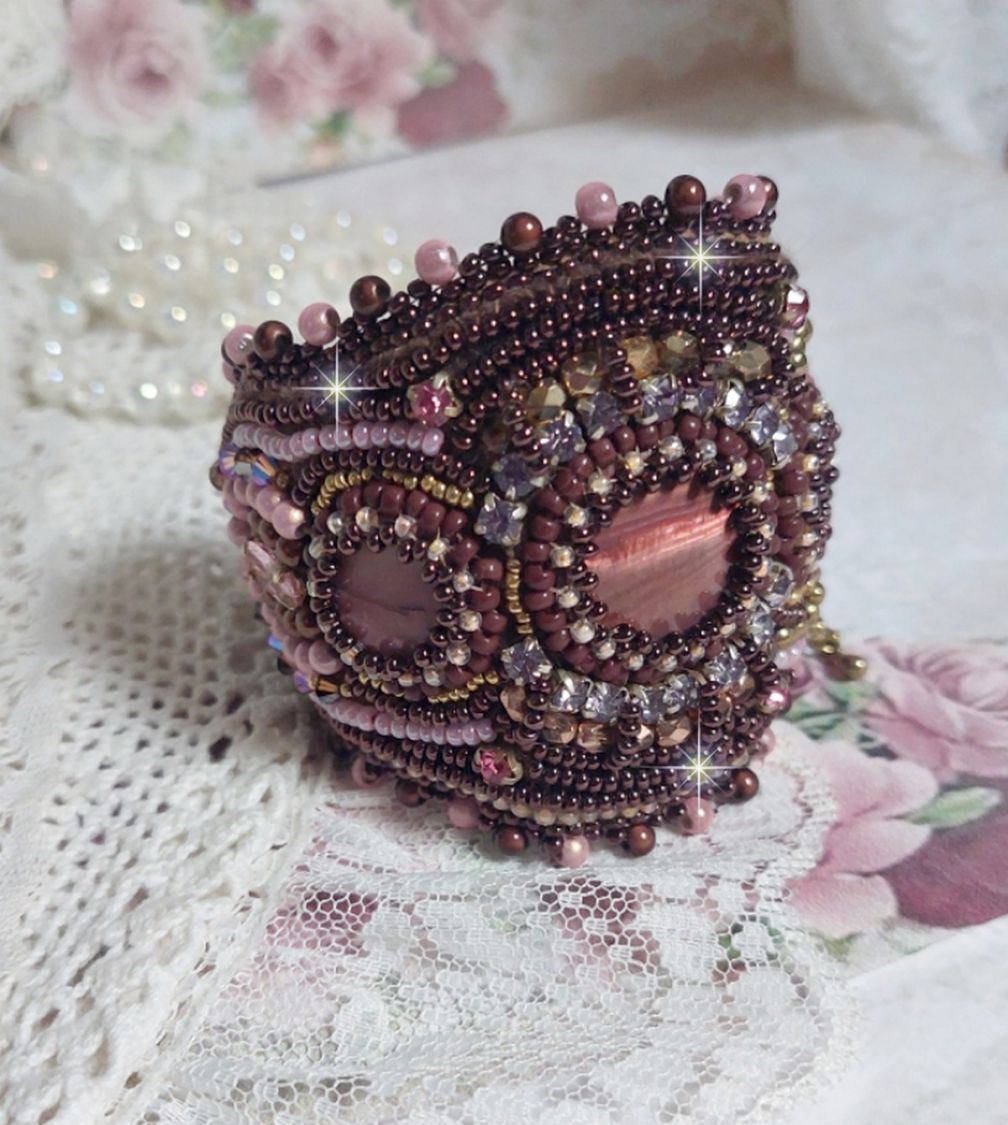 Romance bracelet cuff embroidered with vintage mahogany pearls and seed beads