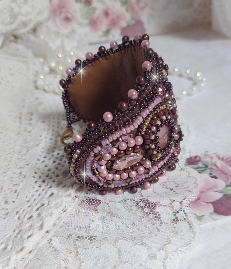 Romance bracelet cuff embroidered with vintage mahogany pearls and seed beads