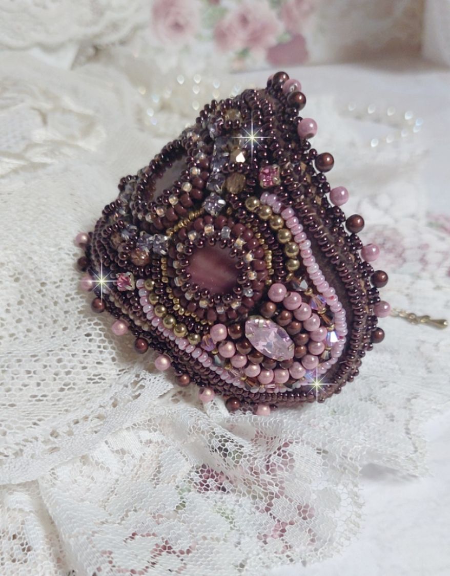 Romance bracelet cuff embroidered with vintage mahogany pearls and seed beads