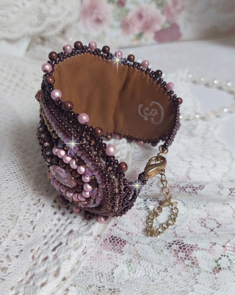 Romance bracelet cuff embroidered with vintage mahogany pearls and seed beads