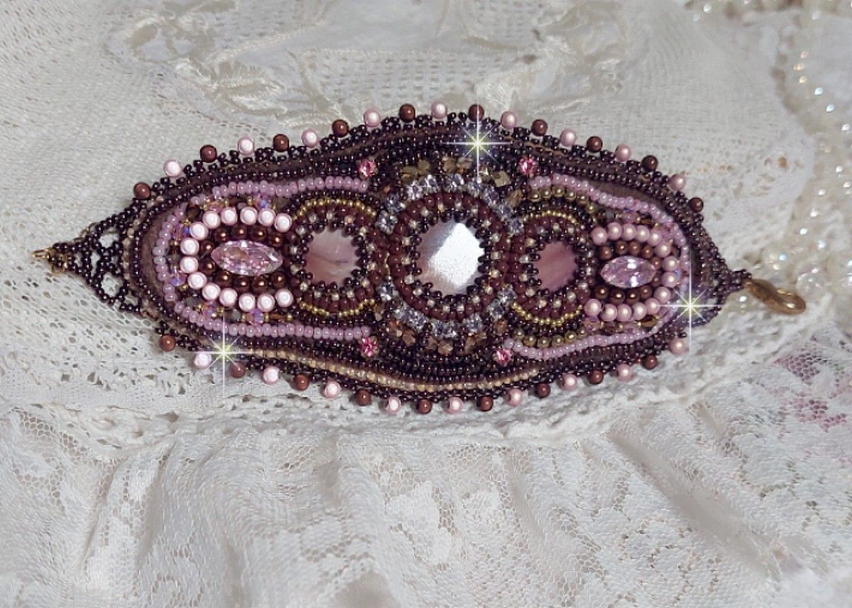 Romance bracelet cuff embroidered with vintage mahogany pearls and seed beads